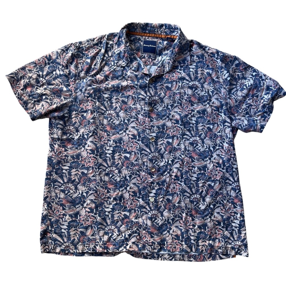 Tommy Bahama 100% Silk Shirt Mens XXL 2XL Hawaiian Button Up Floral Camp Blue